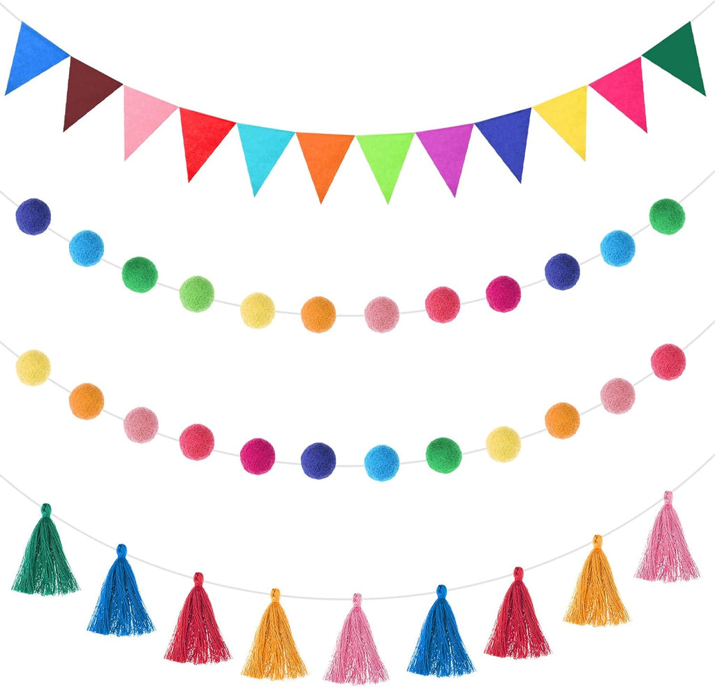 Irenare 9.8 ft Pom Pom Garland Felt Colorful Tassel Banner Christmas Party Pompoms Garland Decorations Felt Pennant Banner for Classroom Home Mantel Fireplace Birthday(Multicolor)