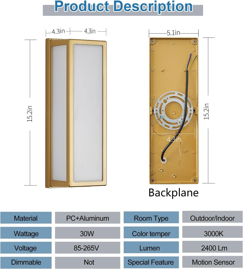 Motion Sensor Outdoor Wall Sconce LED 30W Aluminum - Gold Modern Exterior Light Fixture, 3000K Warm,IP65 Waterproof Rectangular Porch Lighting,for Patio,Garage,Front Door