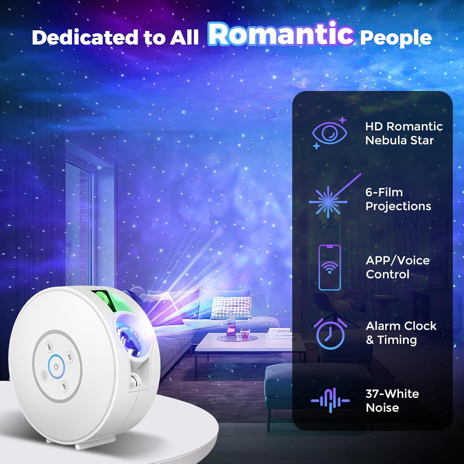 Smart Star Light Projector,Galaxy Projector with 6 Projection Slide,Smart APP & Voice Control Rotatable Galaxy lamp with 24H Timer and 37 White Noises Cloud Light Gift for Kids Room Decor(White)