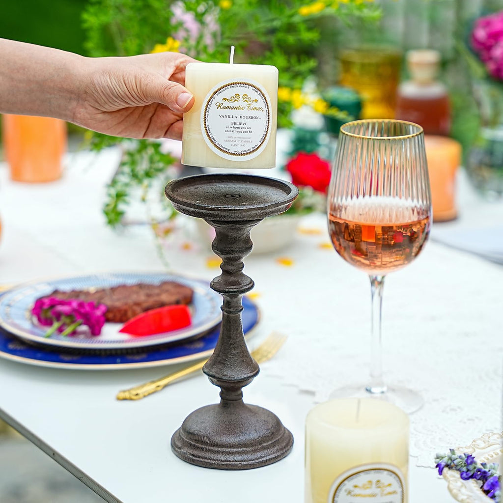 Sungmor Rustic Cast Iron Pillar Candle Holder, 7.8" Tall Vintage Candlestick Holders, Table Centerpiece Metal Candle Holder, Farmhouse Candle Stand for Fireplace Shelf Home Decor