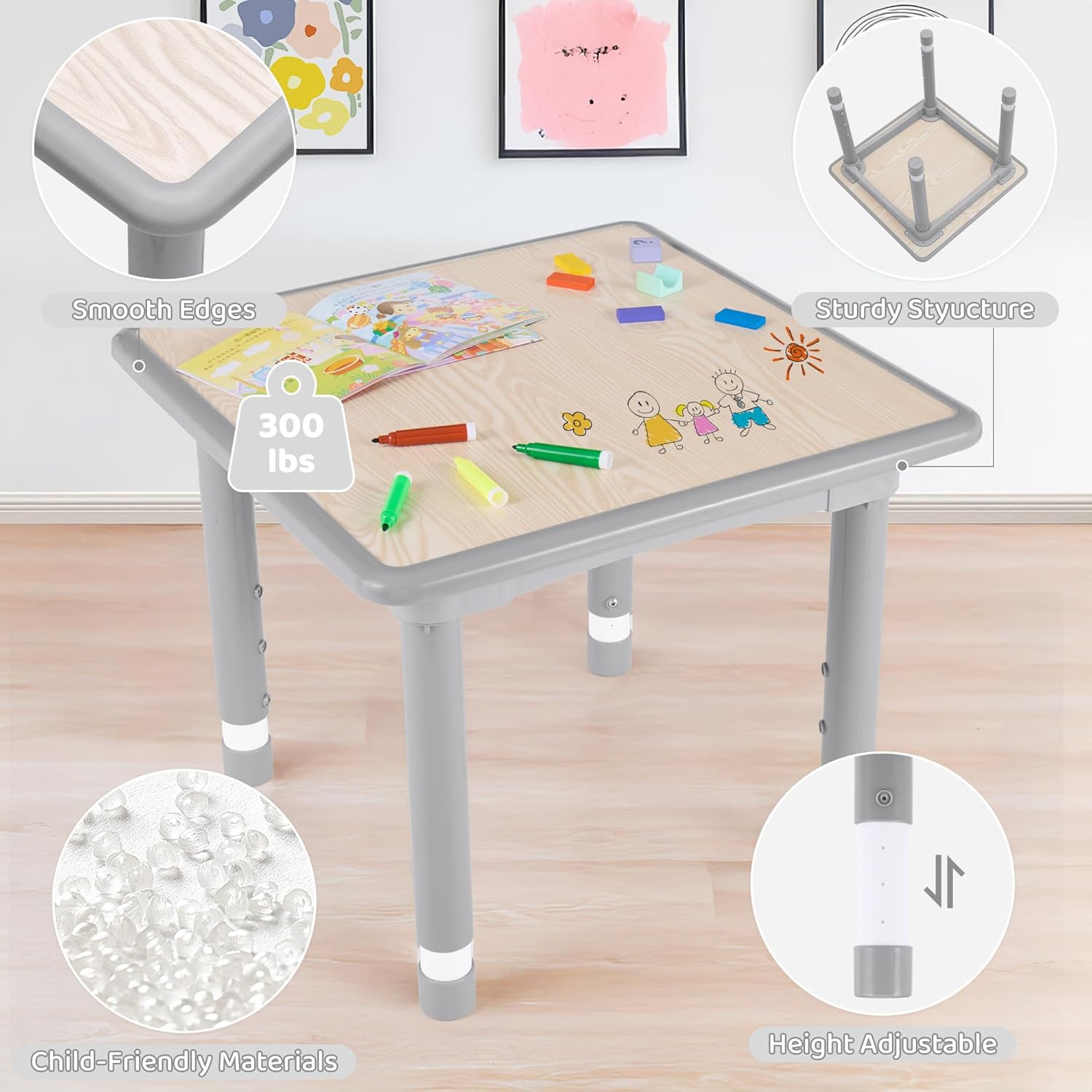 Kids Table and 2 Chairs Set, Height Adjustable (17.7"-26.1") Toddler Table and Chair Set, Multi-Activity Table with Graffiti Desktop, Children’s Table and Chairs for Classroom, Home & Daycare