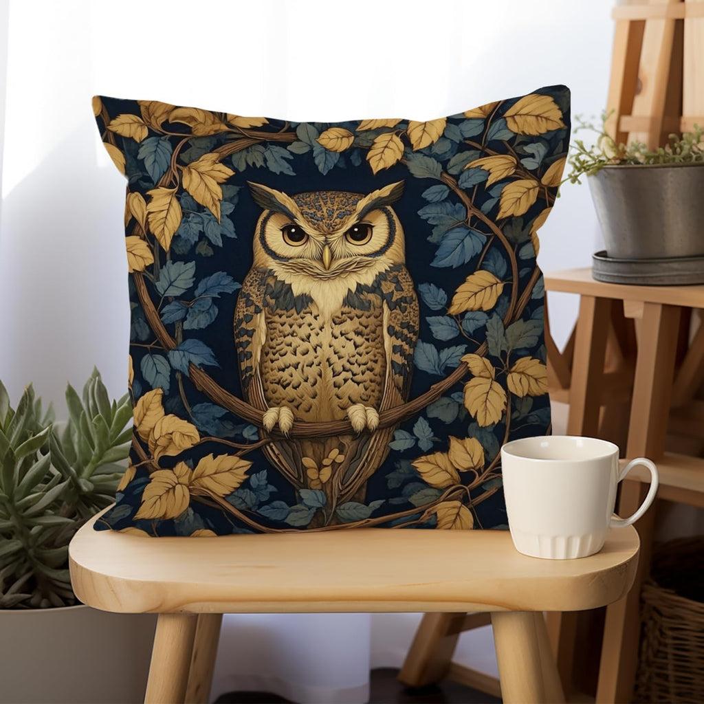 YOU FOUND ME William Morris Abstract Vintage Floral Velvet Butterfly Design Throw Pillow Covers Home Decor, Retro Art Deco Pillowcase Cushion Cover for Bed Sofa Living Room, Square 18x18inch (Owl)
