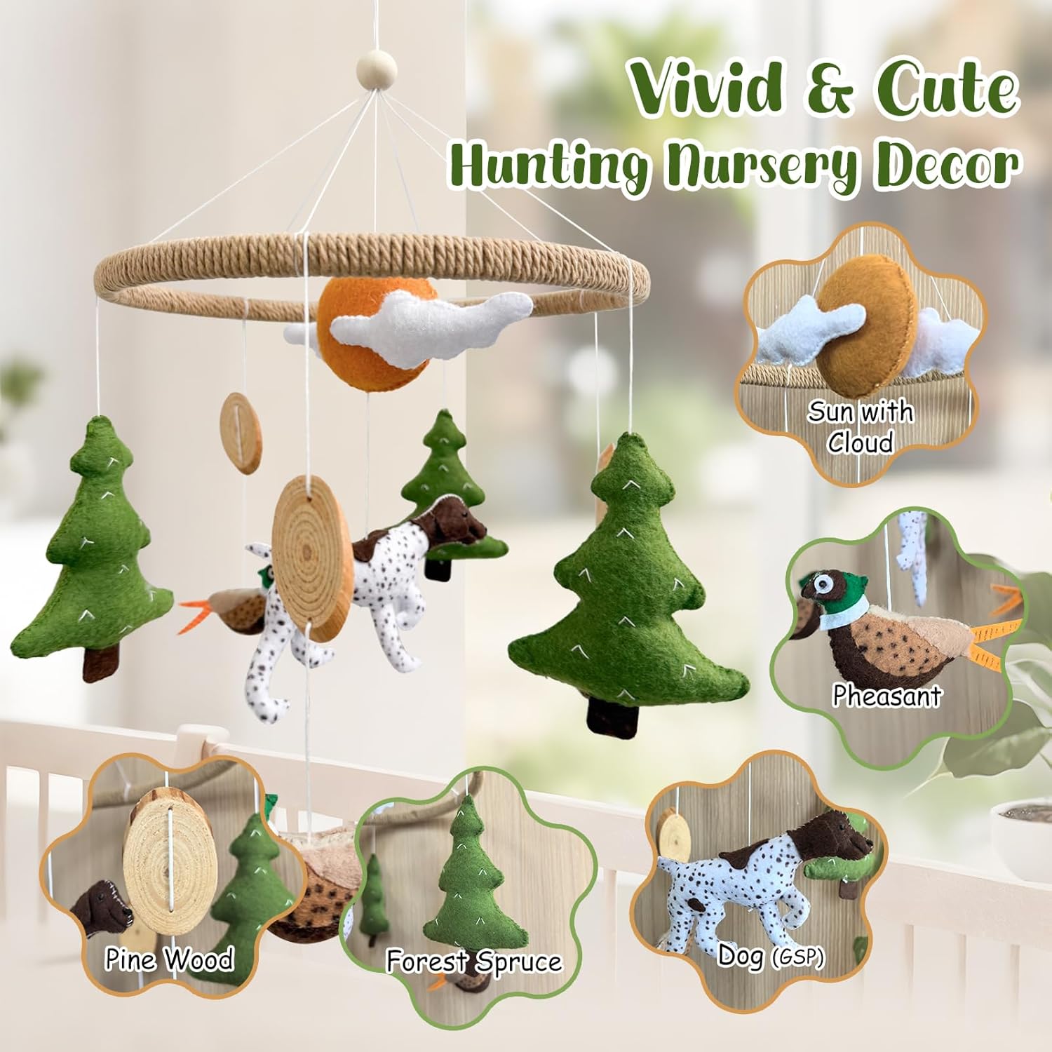 Baby Mobile for Crib Hunting Baby Crib Mobile for Boys Girls Handmade Felt Woodland Nursery Decor Infant Bedroom Hanging Pheasant Dog Hunting Decor for Bassinet Gender Reveal Newborn Gifts