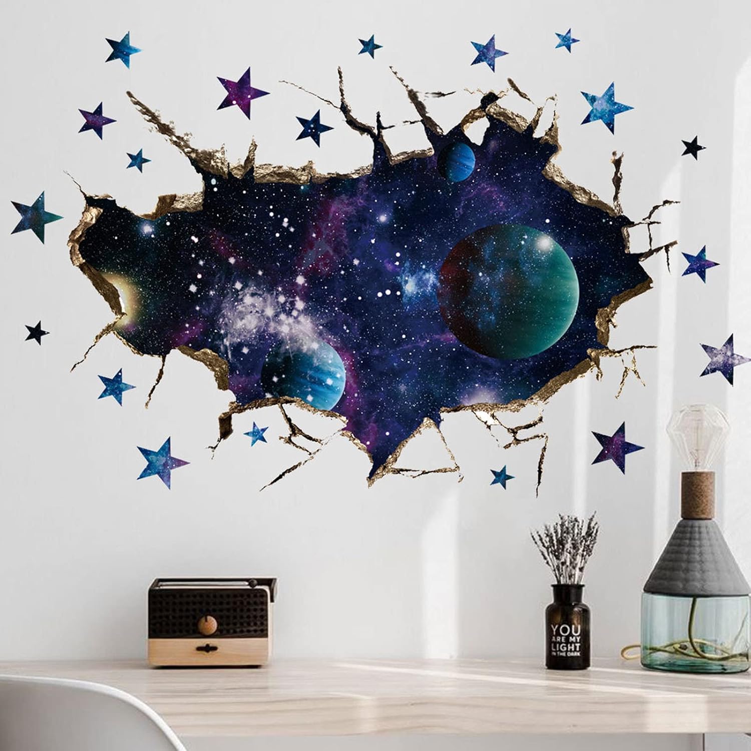 3D Space Galaxy Wall Decor Stickers, Removable Broken Outer Space Planet Waterproof Vinyl Floor Decals, 3D Art Magic Wall Mural Decals for Bedroom Living Room Home Wall Decor