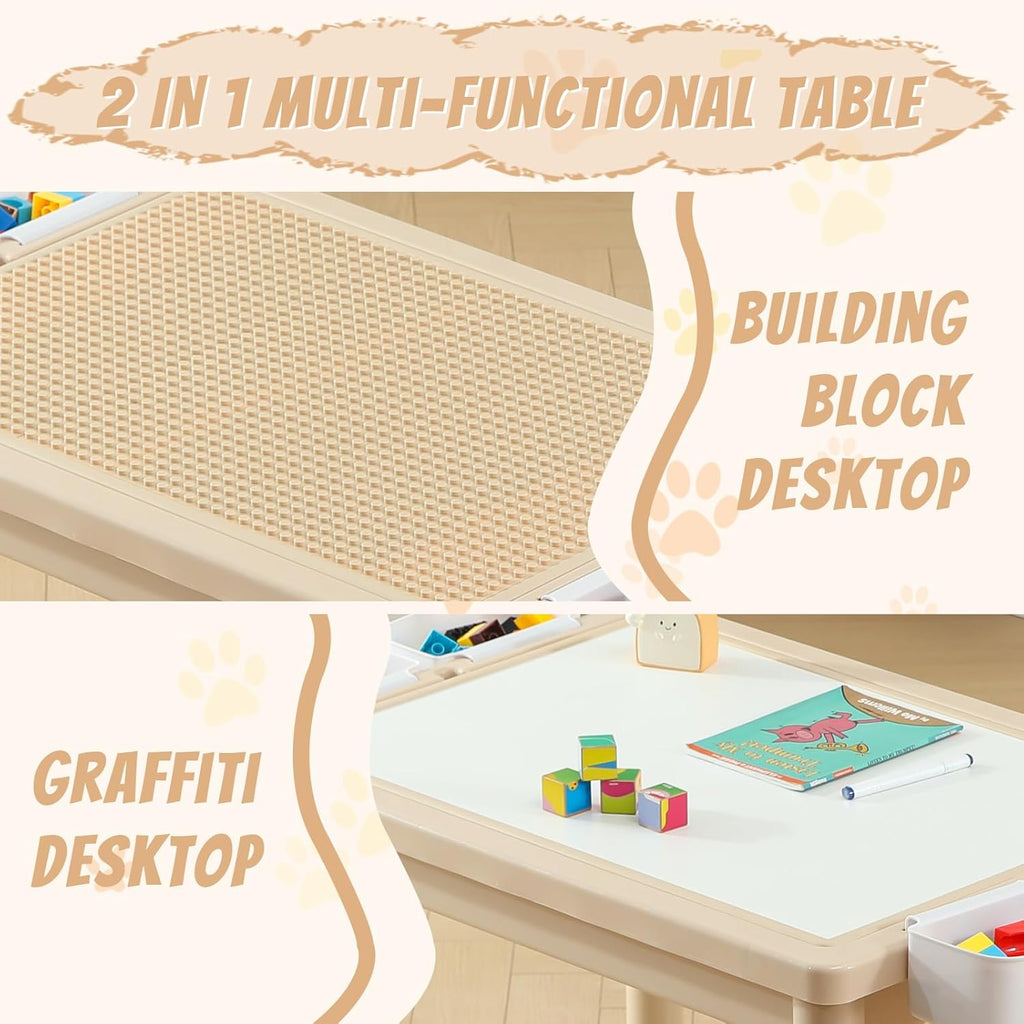 Multi Functional Kids Table and 2 Chairs Set, Graffiti & Building Blocks Double-Sided Tabletop, Toddler Play Table with Drawers, Large Storage Space, Gift for Boys/Girls, Burlywood