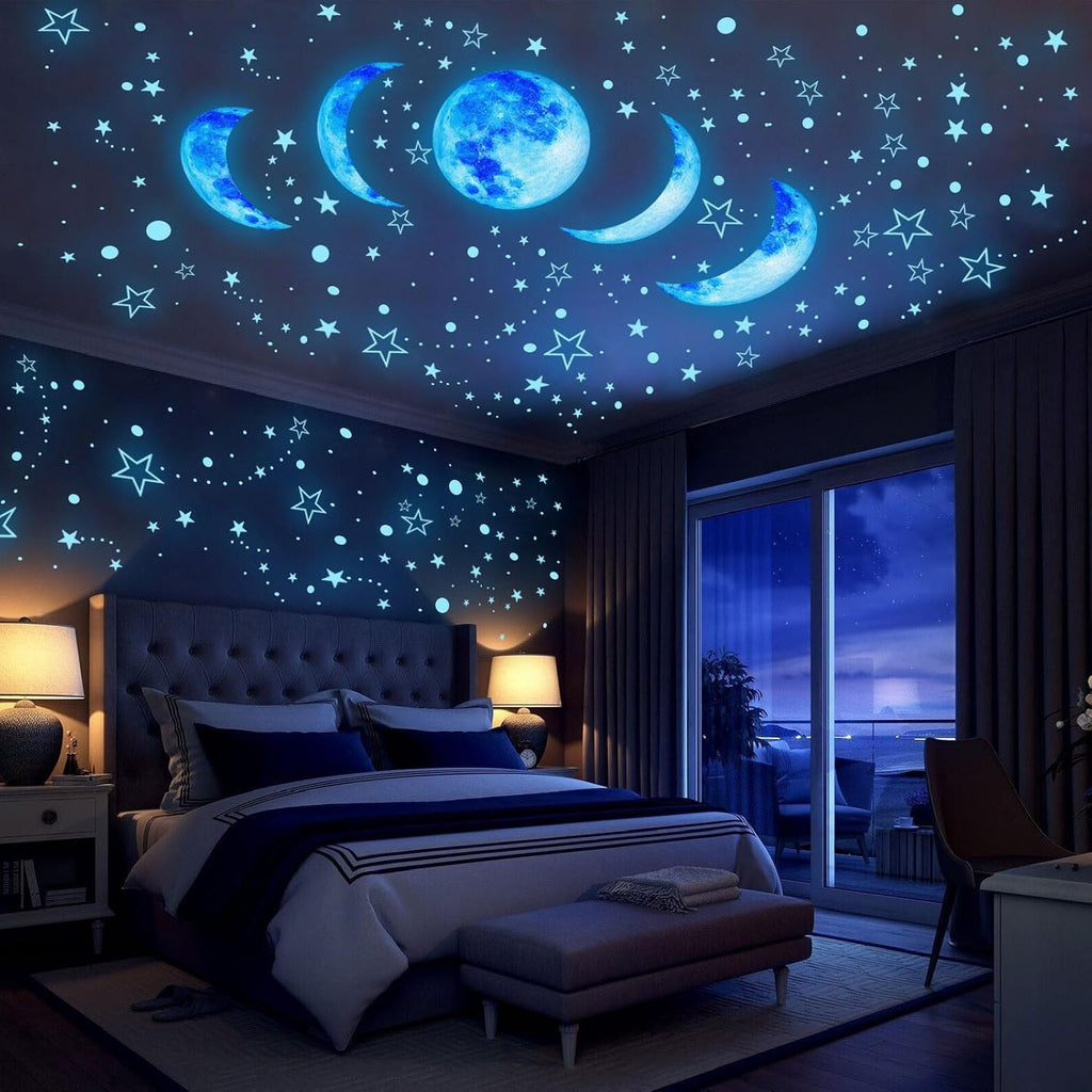 Glow in The Dark Starry Sky Moon and Stars Wall Decals,Glowing Galaxy Stars Space Planet Ceiling Wall Stickers for Boys Girls Bedroom Kids Baby Nursery Living Room Decoration