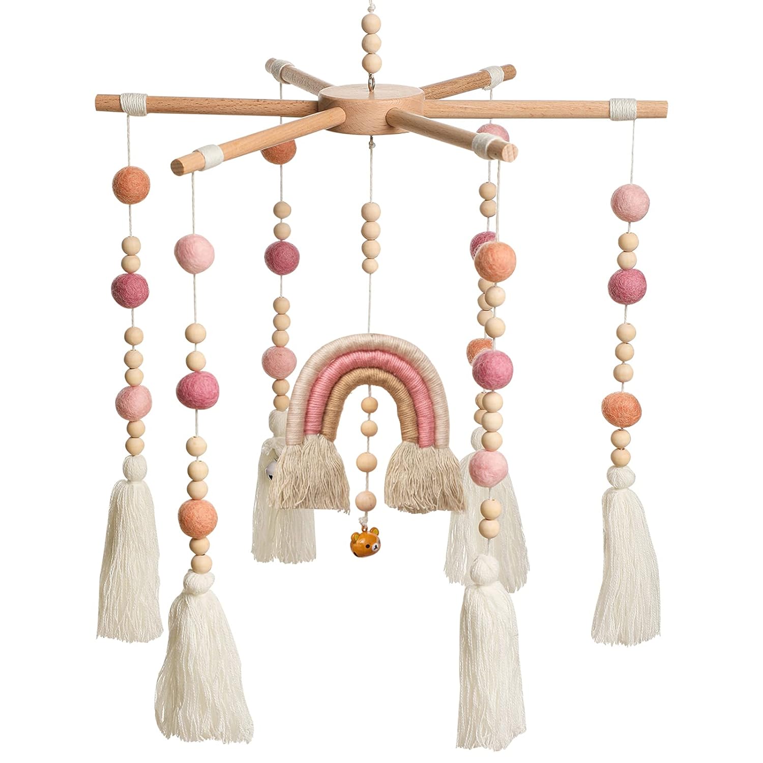 Baby Crib Mobile,Crib Mobile Wooden Mobile with Colorful Cotton Ball Wool Felt Ball Boho Baby Mobile Bassinet Mobile for Crib,Mobile for Baby Nursery and Ceiling Decoration
