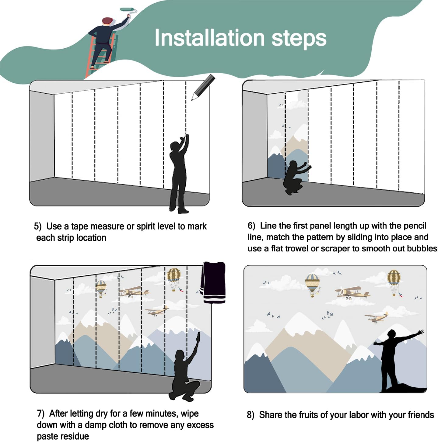 -Children's Room Cartoon Balloon Mountain Fabric Wallpaper Nursery Mural 100" x 65" (Not Peel and Stick)