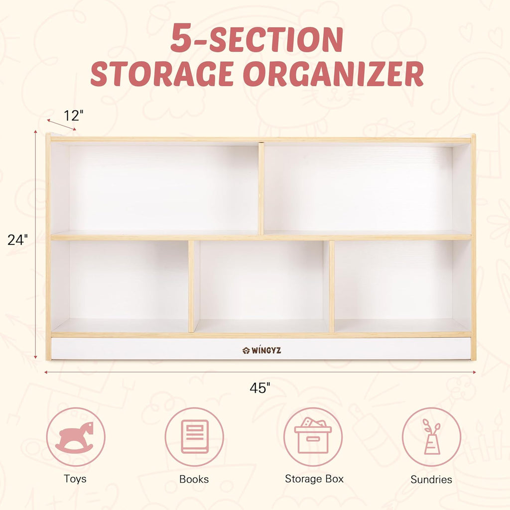 Toy Storage Organizer for Kids, 5-Compartment Wooden Storage Cabinet, Children Bookcase and Montessori Bookshelf, Book Shelf for Kids Room, Playroom, Living Room, Nursery, Classroom 24'' H(White)