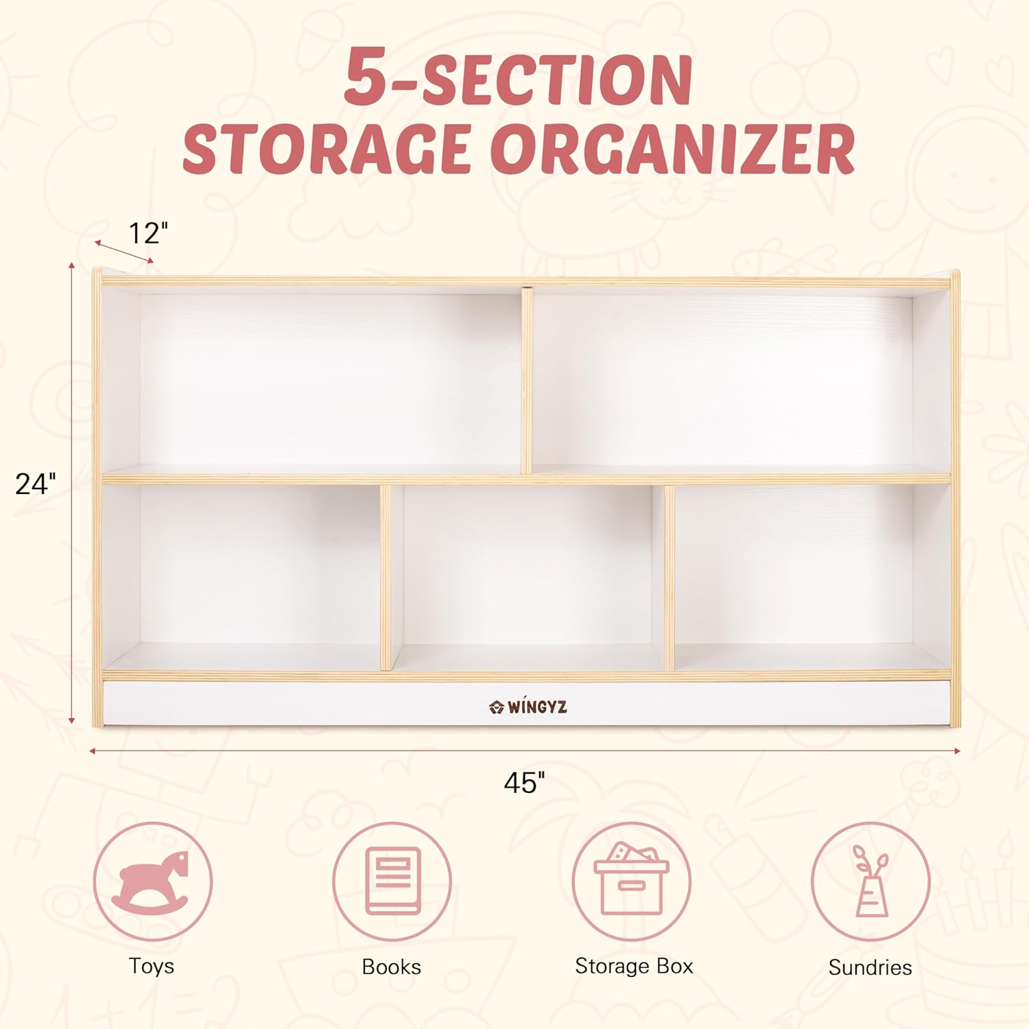 Toy Storage Organizer for Kids, 5-Compartment Wooden Storage Cabinet, Children Bookcase and Montessori Bookshelf, Book Shelf for Kids Room, Playroom, Living Room, Nursery, Classroom 24'' H(White)