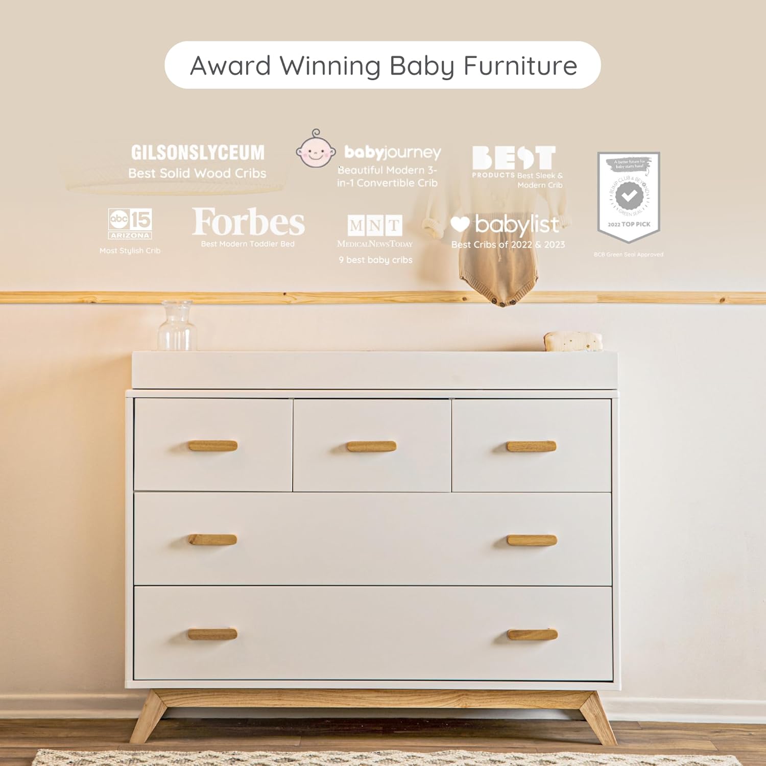 dadada Soho 5-Drawer Dresser for Nursery and Bedroom - Modern Design, Large Storage, Baby-Safe Finish, Soft Close Drawers, Anti-Tip Safety, Sturdy Legs & Solid Wood Handles, 47” Wide (White+Natural)