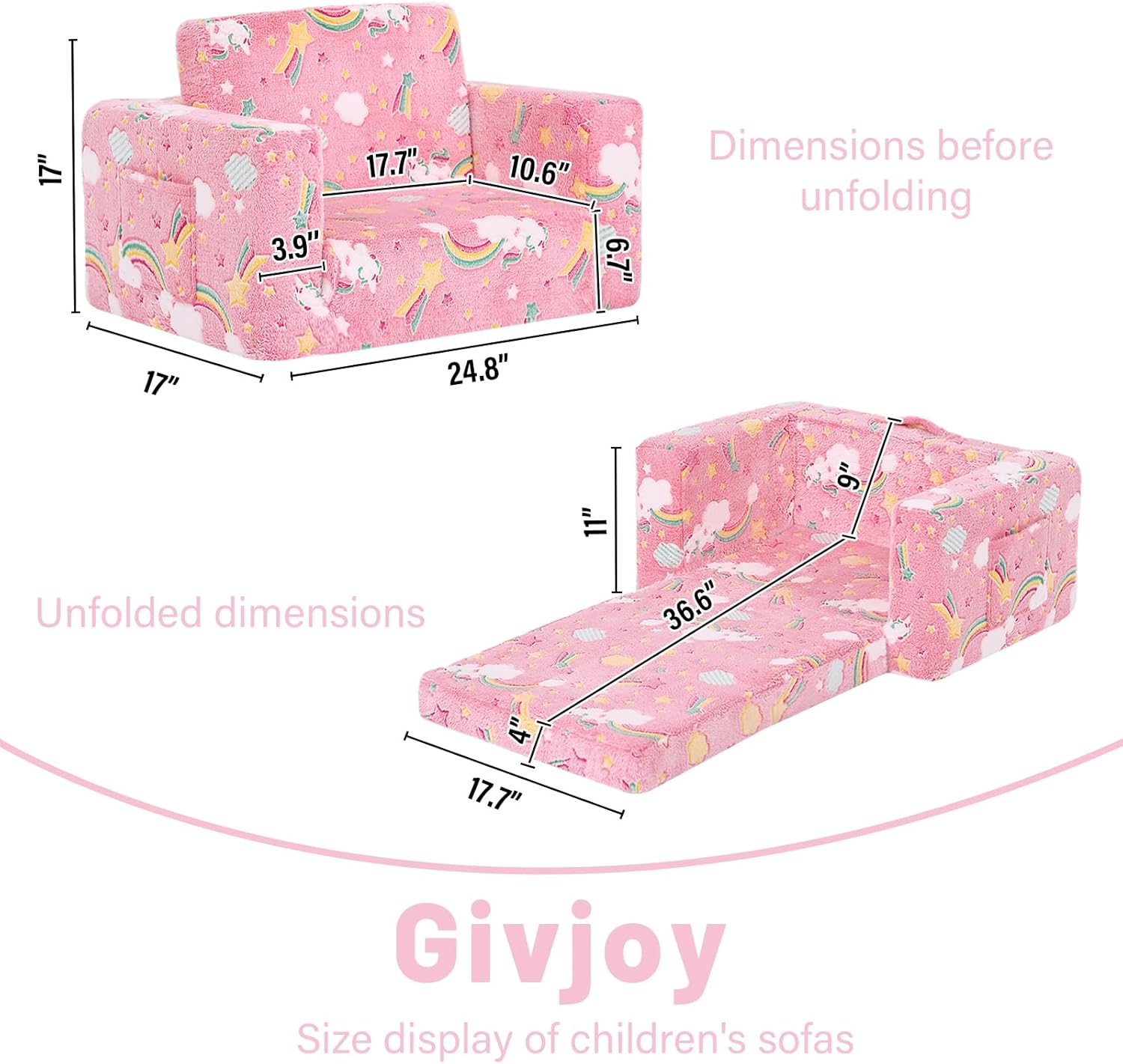 Toddler Chair Kids Couch, 2-in-1 Comfy Armchair with Removable and Washable Cover Carrying Handle, Convertible Reading Chair Toddler Couch for Girls and Boys, Pink Rainbow