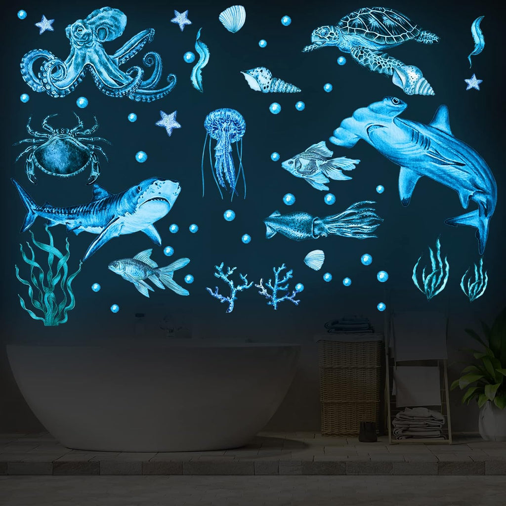 Sabary 4 Pieces Glow in The Dark Ocean Wall Decals Under The Sea Wall Decals Fish Stickers PVC Sea Animals Stickers for Room Living Room Nursery Bathroom Decoration