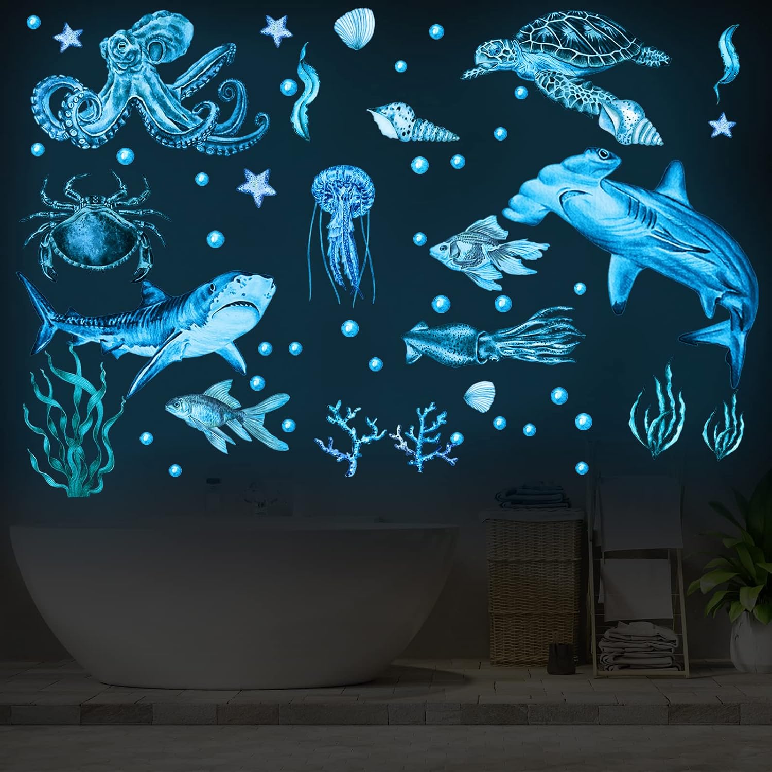 Sabary 4 Pieces Glow in The Dark Ocean Wall Decals Under The Sea Wall Decals Fish Stickers PVC Sea Animals Stickers for Room Living Room Nursery Bathroom Decoration