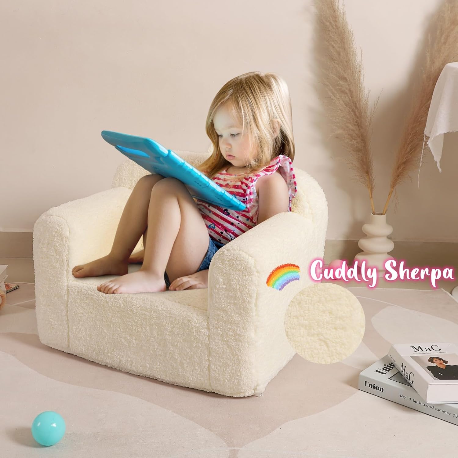 Kids Snuggly-Soft Sherpa Chair, Cuddly Toddler Foam Chair for Boys and Girls, Cream