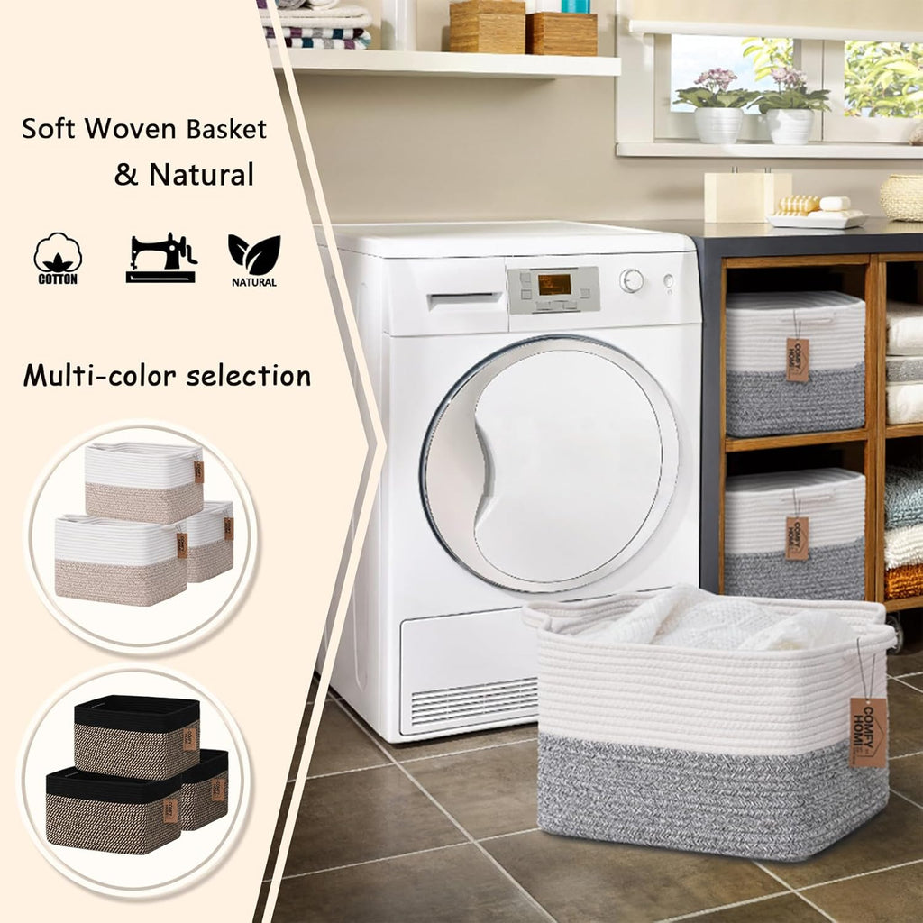 COMFY-HOMI Cotton Rope Woven Basket with Handles for Shelves,Toys,Book, Cloth Storage Baskets Bin for Organizing-13.5"x11"x9.5" Toy Decorative Organizer for Living Room, Bathroom-White/Grey