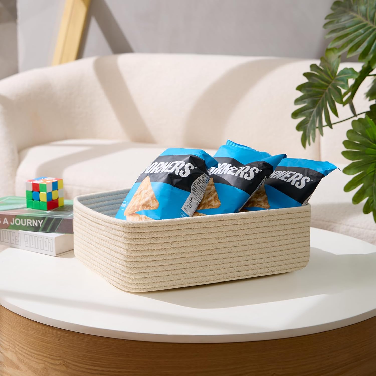 Large Shallow Organizing Baskets 15x11x5.1 Inches - Rope Woven Storage Bins for Bathroom, Shelves, Cube Closet, Beige 2 Packs