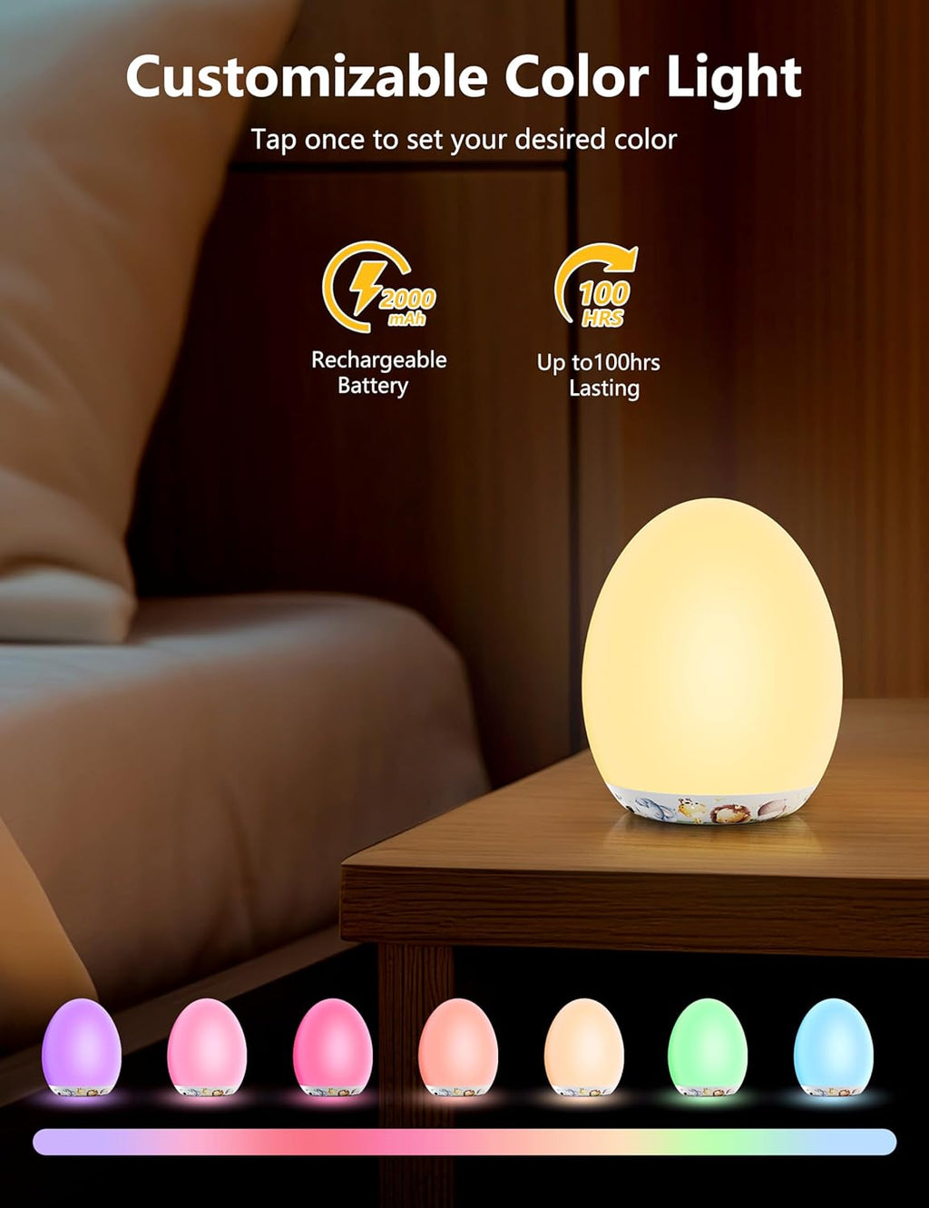 MediAcous Night Light for Kids & Babies - 7 Color LED Touch Lamp with Stepless Dimming for Nursery & Bedroom