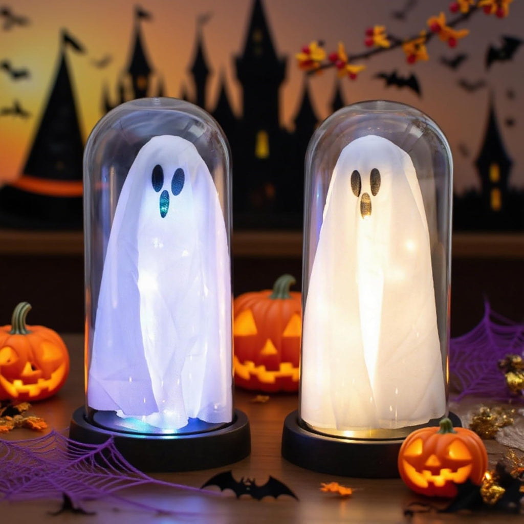 Light Up Ghost in Glass Cloche,Halloween Decorations Indoor,Cute LED Ghost Decor for Mantel,Tabletop,Cute Decorative Ornaments Suitable for Halloween Parties and Festivals(Warm Light,Glass Cover)