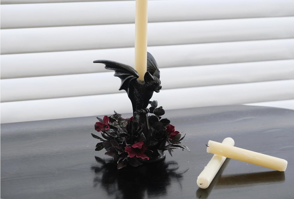Bat Shaped Halloween Candle Holder, Black Resin Candlestick Holder with Black&Burgundy Artificial Flower, Gothic Halloween Decor for Coffee Table/Dining Table Centerpiece, 6" Height