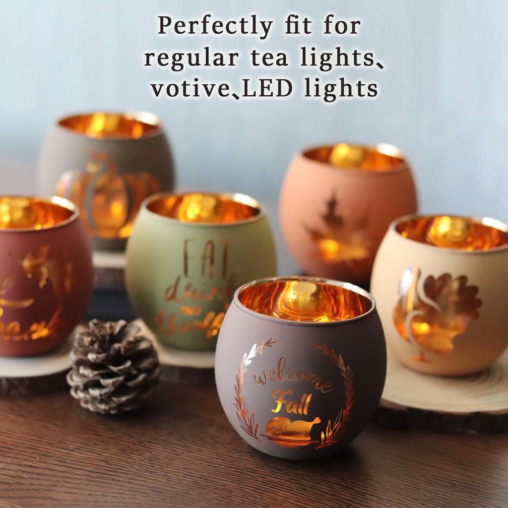 Thanksgiving Votive Candle Holder Set of 6, Glass Votives Holder with 6 Laser Engraving Patterns, Tealight Holders Bulk for Fall Table Centerpiece Decor
