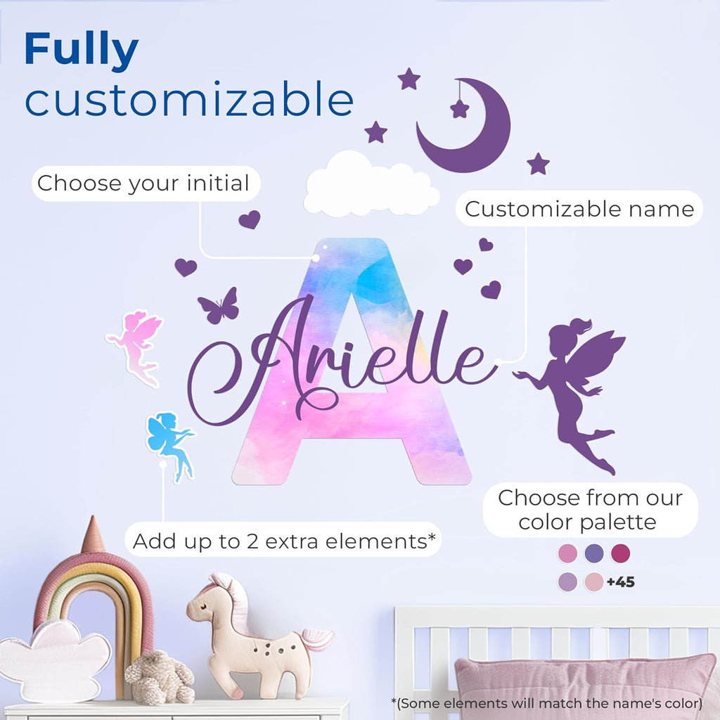 Custom Stickers Name Wall Decor I Personalized Name Sign for Room Decor | Multiple Custom Name & Initial I Decal for Baby Girl Nursery Decor I Nursery Wall Decal for Baby (A. Pink and Blue Sky)