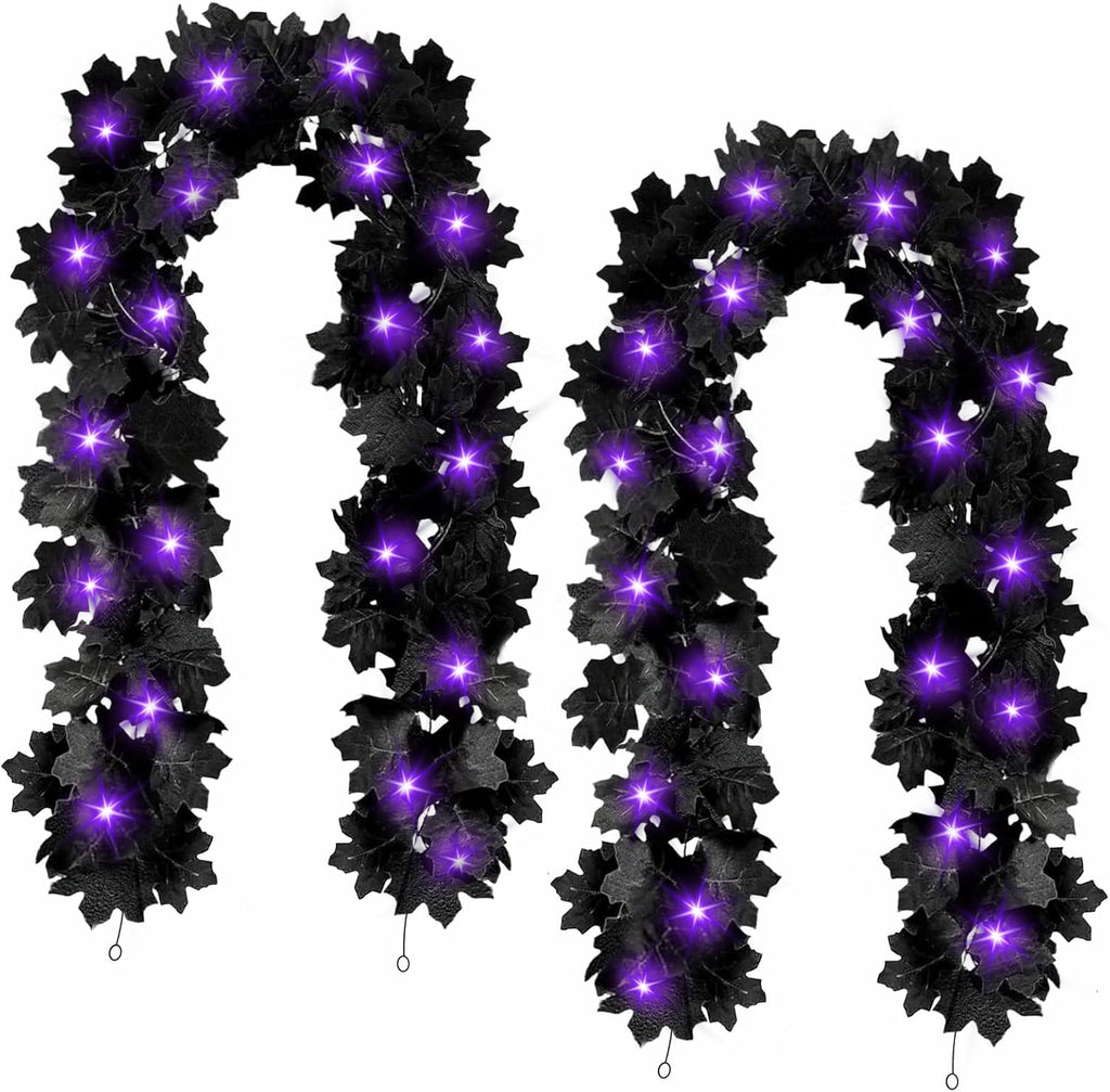 Joyhalo 2 Pack Halloween Garland with Lights, Black Maple Leaves Lighted Garland for Mantle, 5.7FT Light Up Leaf Autumn Vines Outdoor for Door Frame, Fireplace and Thanksgiving Fall Decor