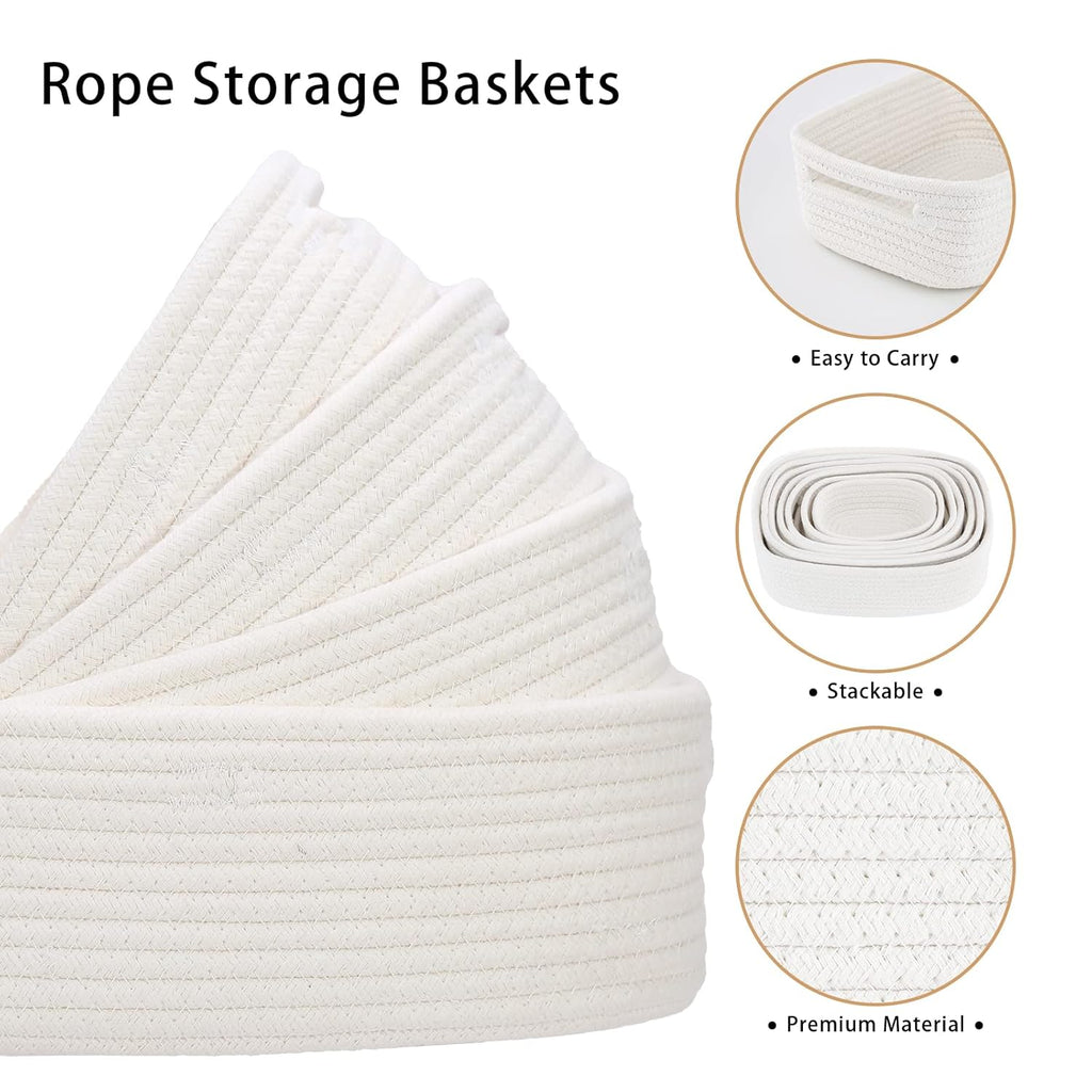 7 Piece Cotton Rope Woven Basket Set - Small Basket for Baby Nursery, Pets, Montessori, Dog & Cat Toy Boxes, Bathroom Organization Bins (White)