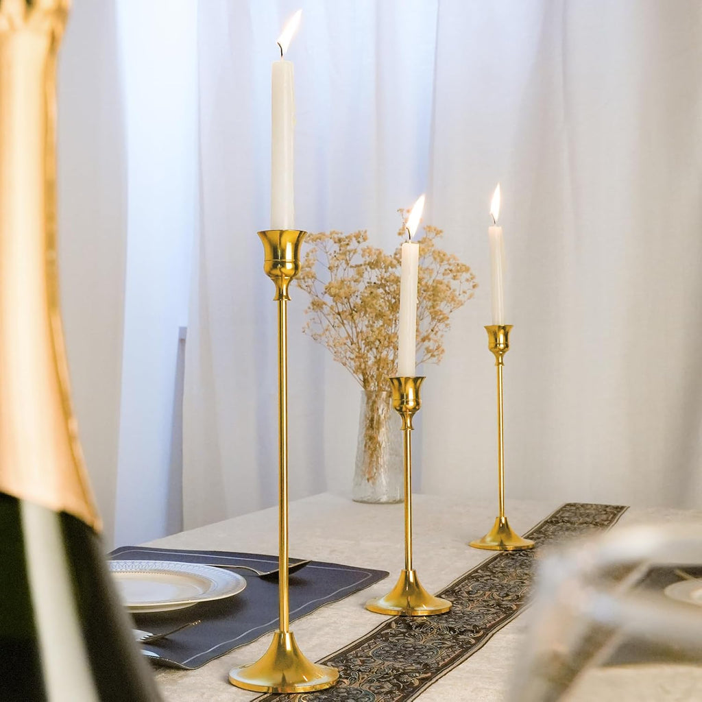 Metal Candle Holders for Candlesticks Taper Candlestick Holders Set Vintage Decorative Centerpiece Candelabra Tall Candle Stands for Halloween Thanksgiving Christmas (Gold, 1 Set (3 pcs))