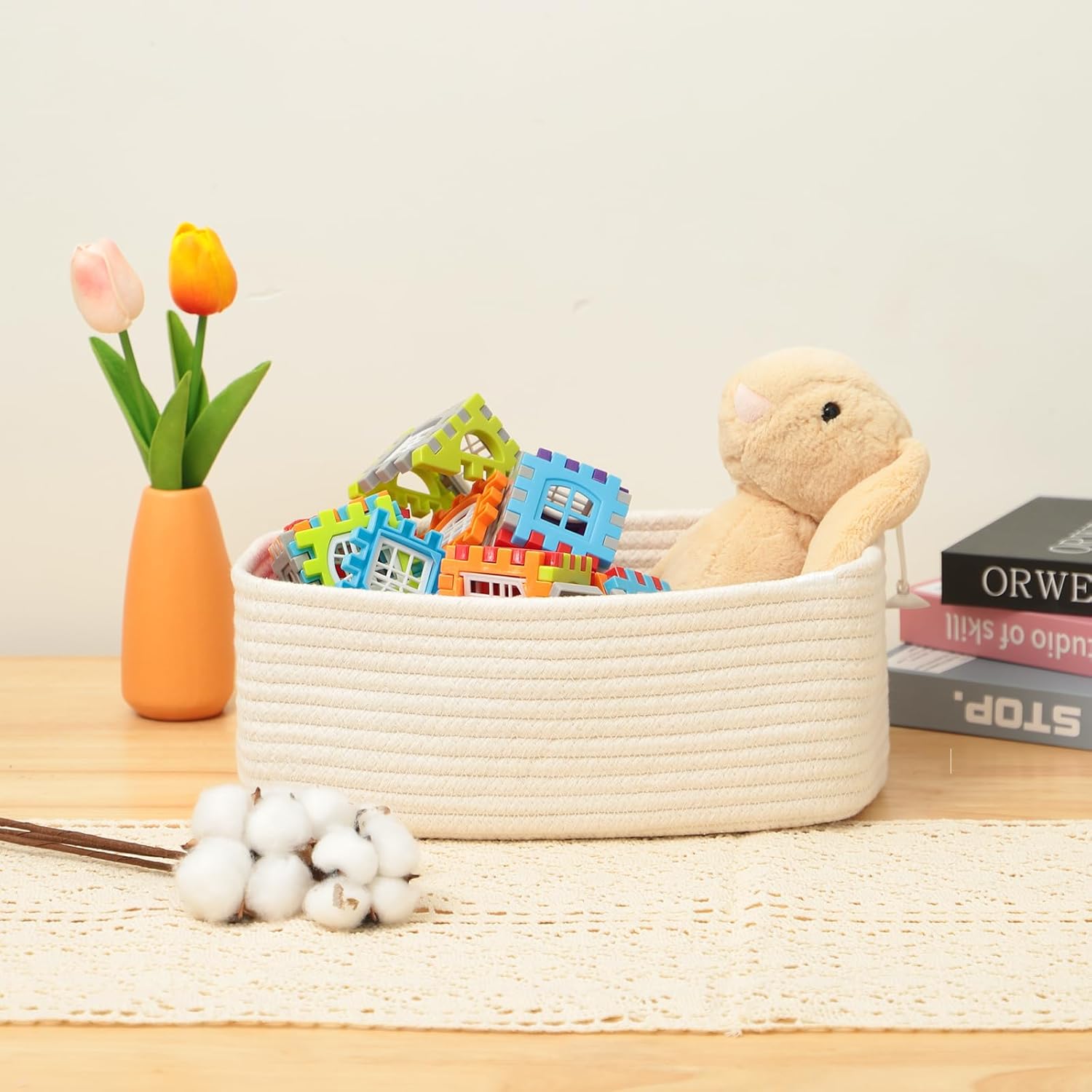 Small Storage Baskets for Organizing | Closet Organizer Bins | Shelf Toy Basket | Woven Rope Baskets | Cube Decorative Box | Shallow Basket | 11.5x7.5x4.7” | 3 Packs Off White