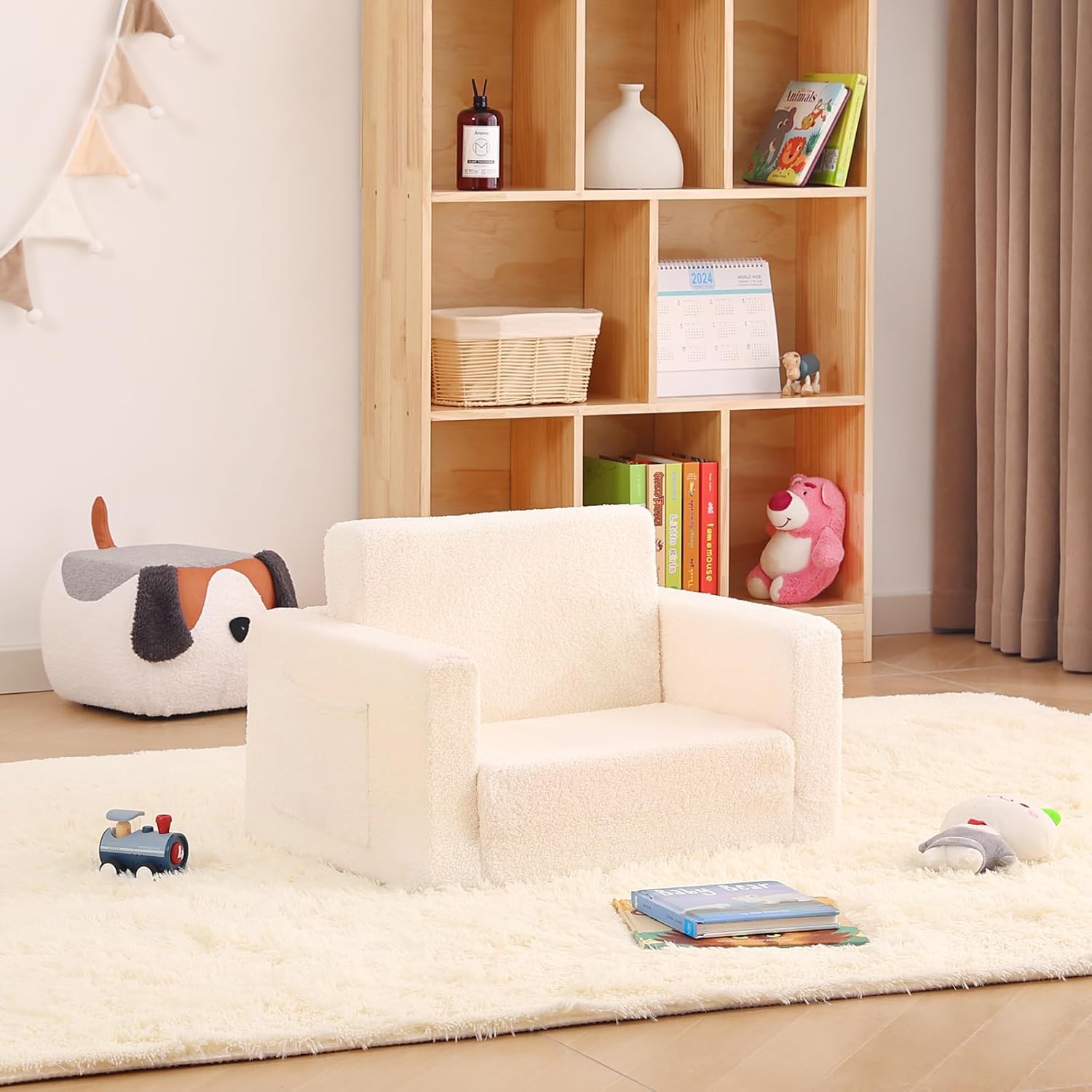 Toddler Chair Sherpa Kids Couch, 2-in-1 Soft Kids Sofa Lounger for Bedroom, Convertible Couch for Girls and Boys, Reading Chair, Beige