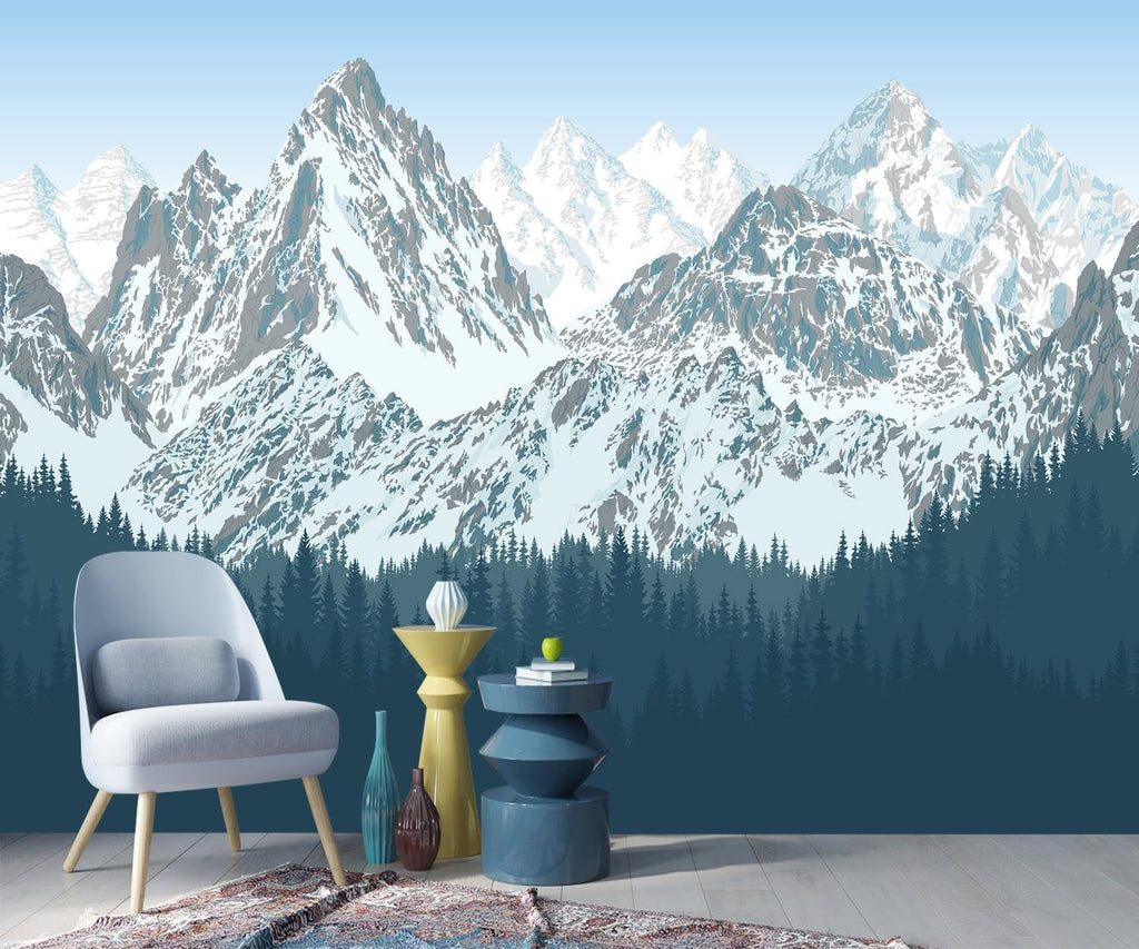 -Forest Snow Mountain Peaks Blue Sky Wallpaper Bedroom Living Room XT09 L 180" x 115"