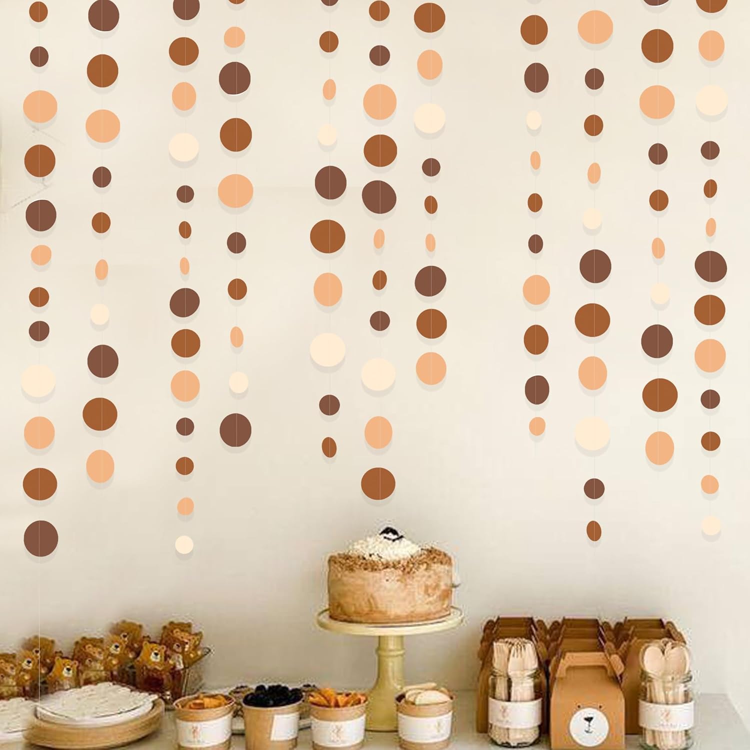 Ombre Brown Party Decorations Polka Dots Garlands Cream Tan Brown Boho Hanging Paper Circle Dots Streamer for Neutral Rustic Cowboy Western Teddy Bear Birthday Baby Shower Wedding Woodland Party Decor