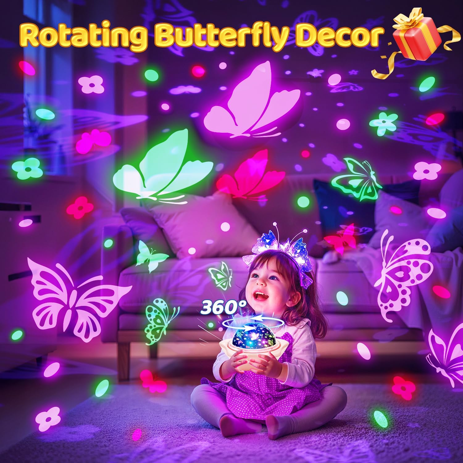 One Fire Unicorns Gifts for Girls Toys, 6 Films Unicorn Night Light Projector for Bedroom,Rechargeable Night Light for Girls Gifts,360° Rotating Butterfly Lamp,Unicorn Toys Mermaid Toys Princess Gifts