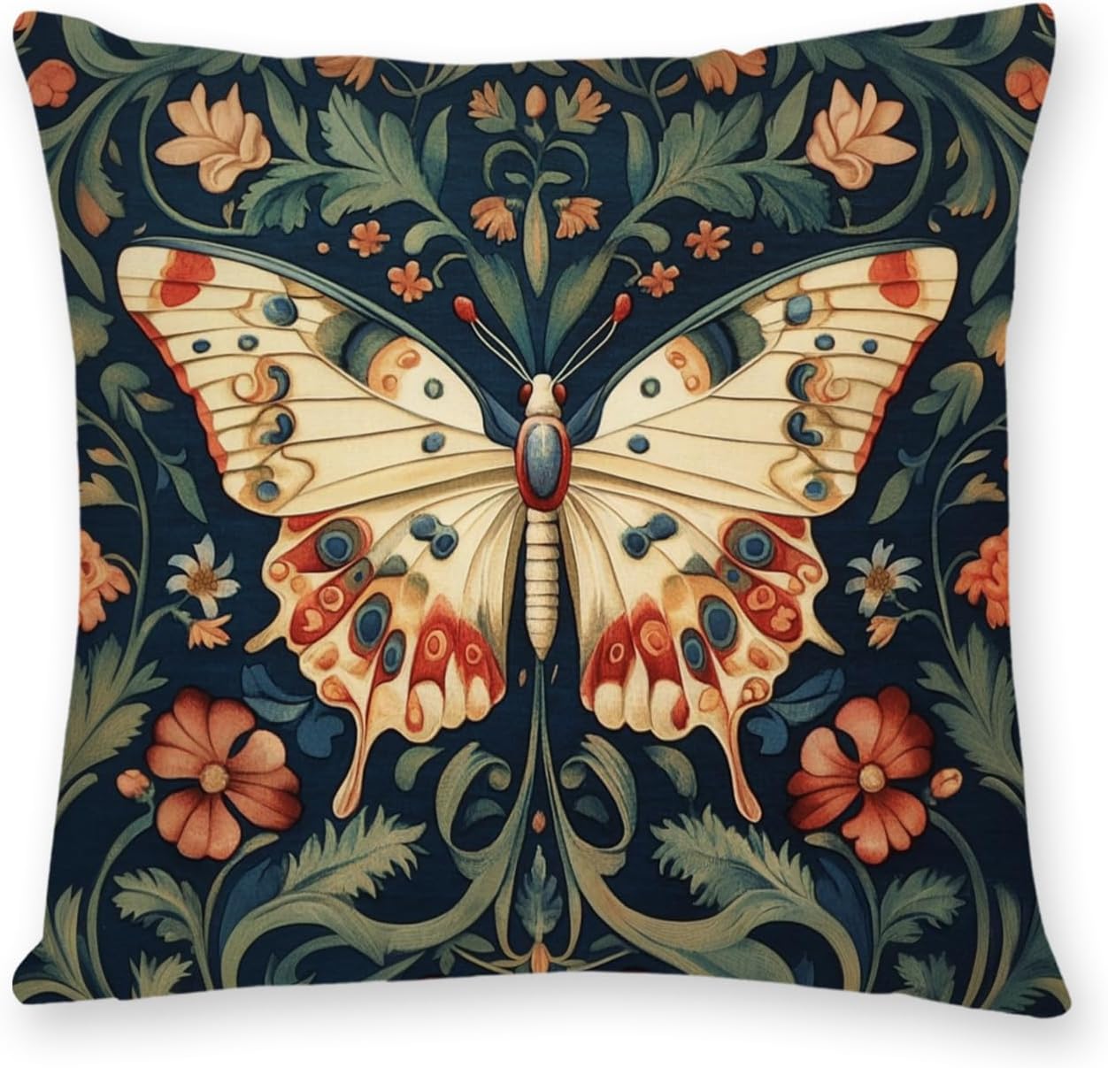 William Morris Abstract Vintage Floral Velvet Butterfly Design Throw Pillow Covers Home Decor, Retro Art Deco Pillowcase Cushion Cover for Bed Sofa Living Room, Square 18x18inch (Beige-Butterfly)