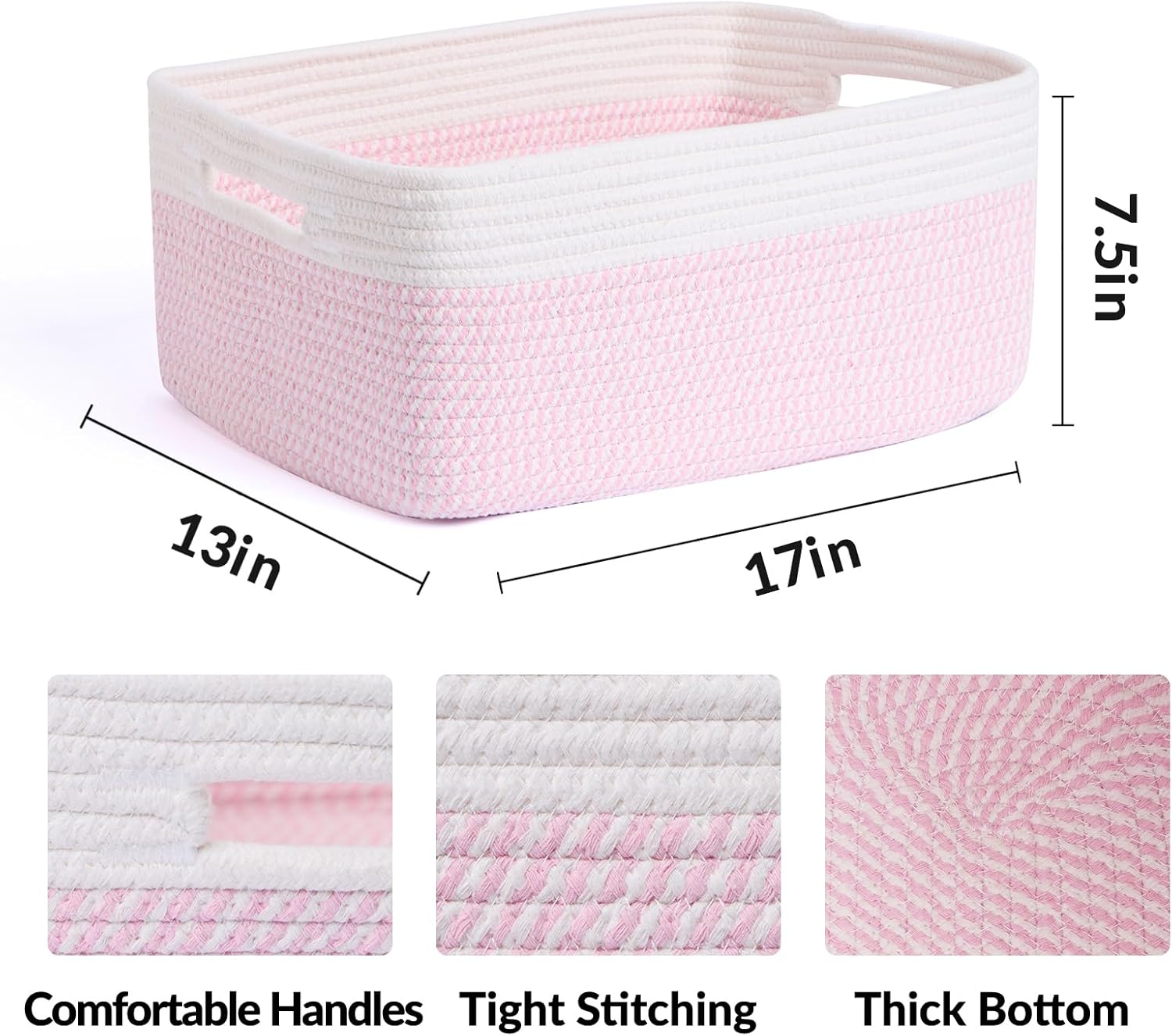 Large Storage Baskets for Shelves, Closet Organizers Bins for Clothes Blanket Towels, Baby Nursery, Toy Baskets Box, Woven Rope Baskets, 17 x 13 x 7.5”, 2 Packs Woven Pink