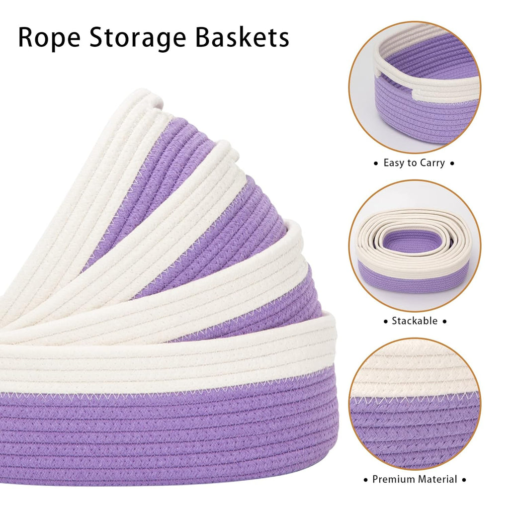 7 Piece Cotton Rope Woven Basket Set - Small Basket for Baby Nursery, Pets, Montessori, Dog & Cat Toy Boxes, Bathroom Organization Bins (White/Purple)