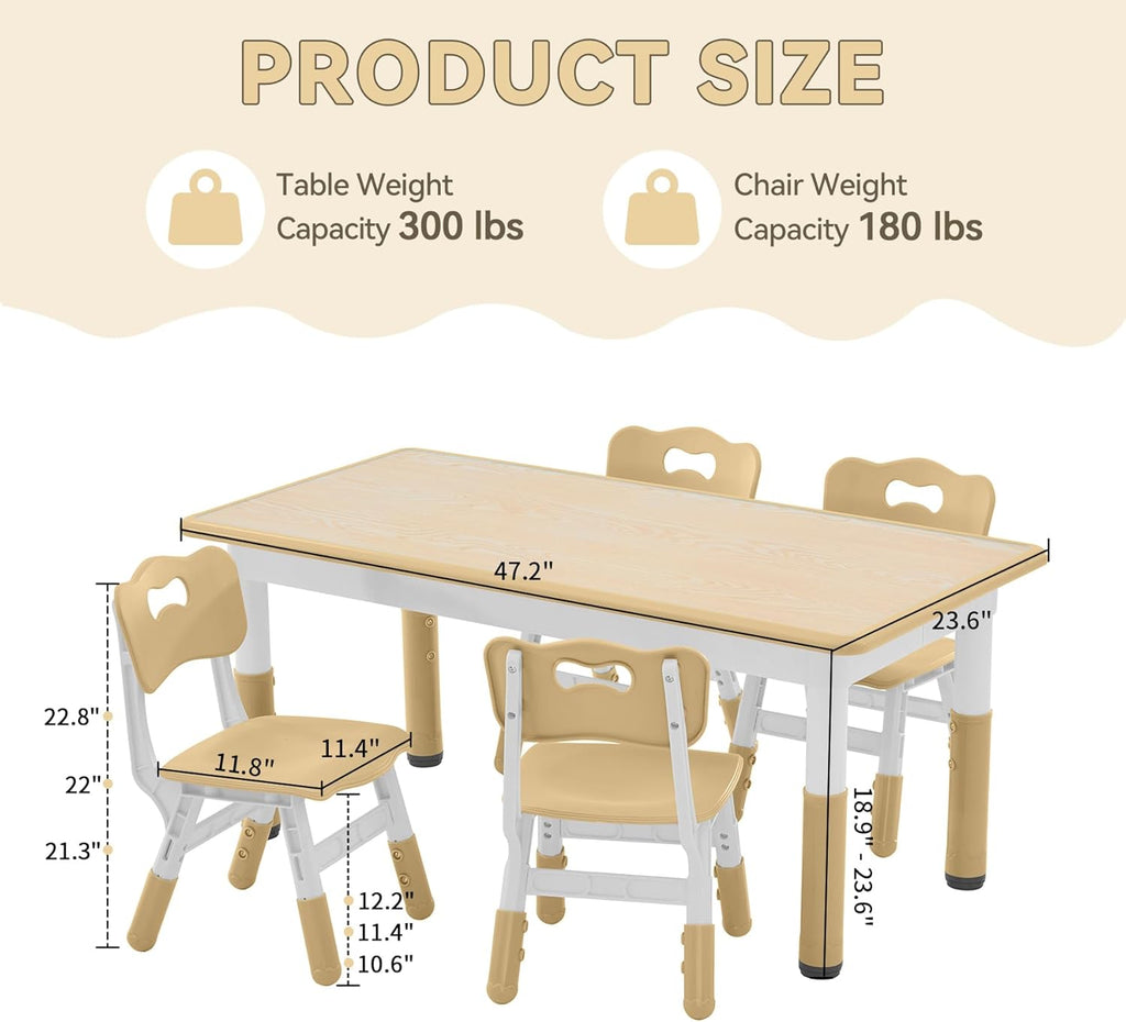 Kids Study Table and Chairs Set, Height Adjustable Toddler Table and Chair Set for Kids Ages 3-8, Graffiti Desktop (Light Brown)