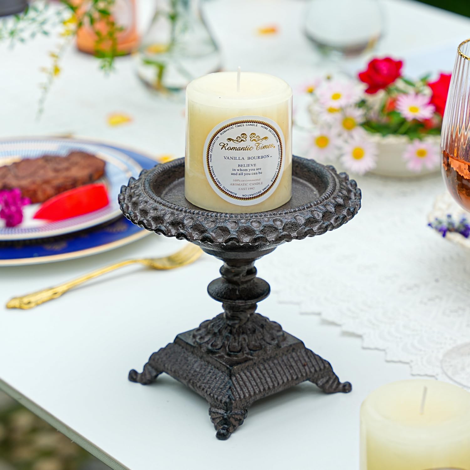 Sungmor Cast Iron Candle Holder - Rustic Style Decorative Pillar Candle Holders, Center Pieces Decoration for Table, Modern Farmhouse French Country Decor, 6.5" Candle Stand Fits Multi-Size Candles