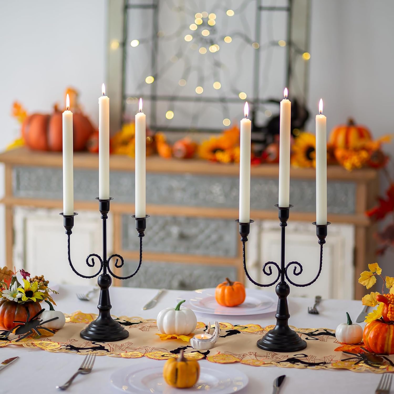 Sziqiqi Candle Holders 3-Arms Candelabra - Black Halloween Candelabras Metal Candleholder Stands Decoration for Thanksgiving Christmas
