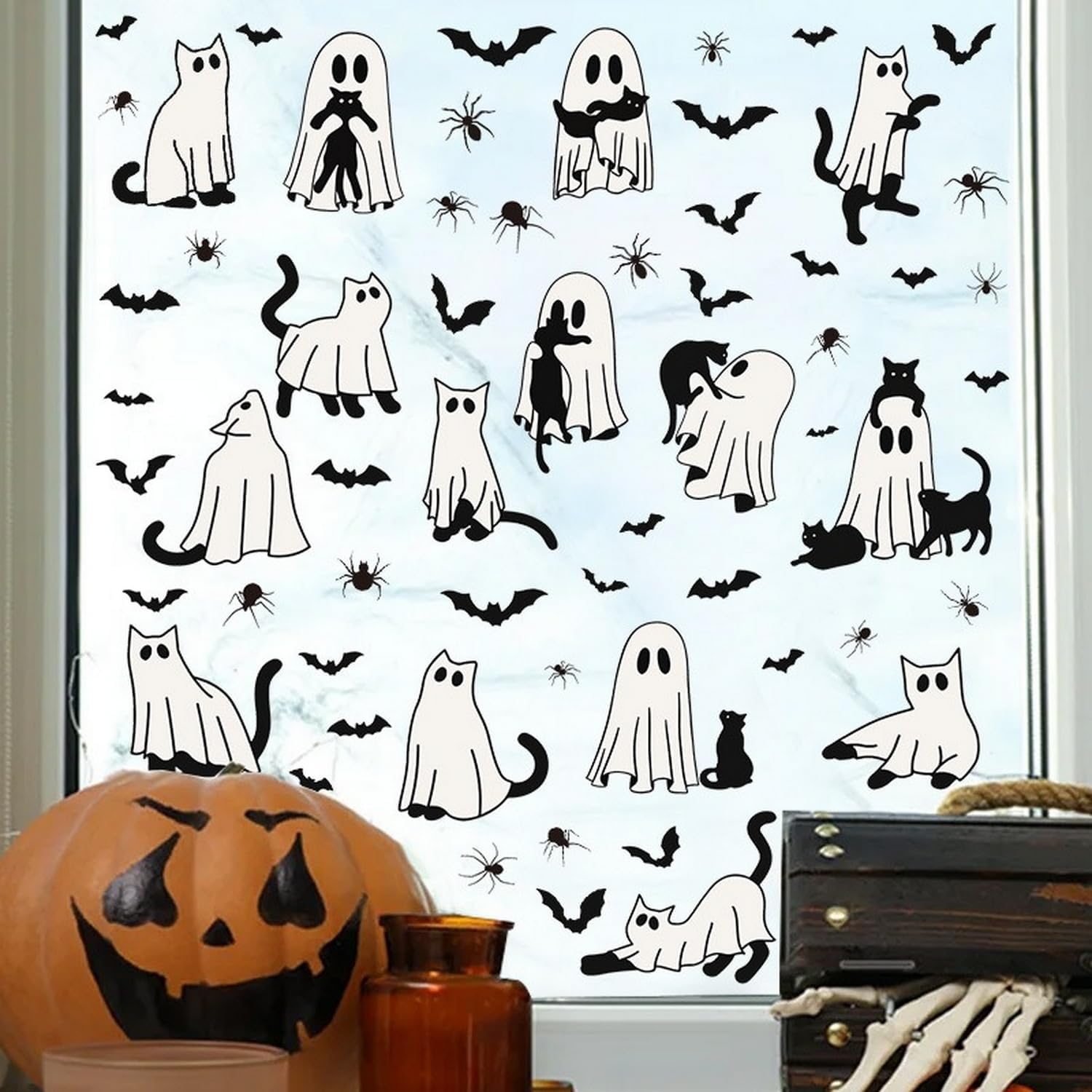 Halloween Ghost Window Clings for Glass 6 Sheets Cute Window Decals Spooky Window Stickers Cat Spider Reusable Windows Cling for Halloween Fall Party Home School Office Glass Supplies Decorations