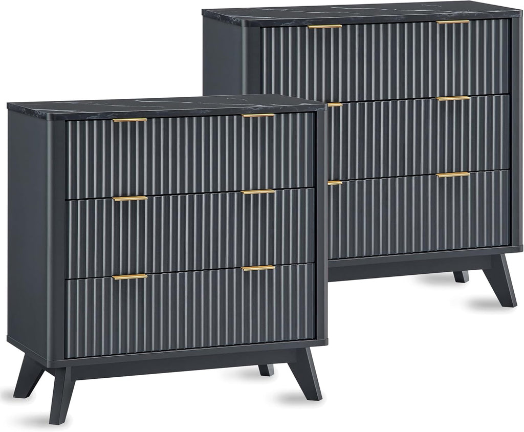 T4TREAM 32" Tall Fluted Nightstand Set of 2, Modern Side Table with Faux Marble Top, 3 Drawers End Table w/Storage, Bedside Table for Bedroom, Living Room, Curved Profile Design, Dark Grey