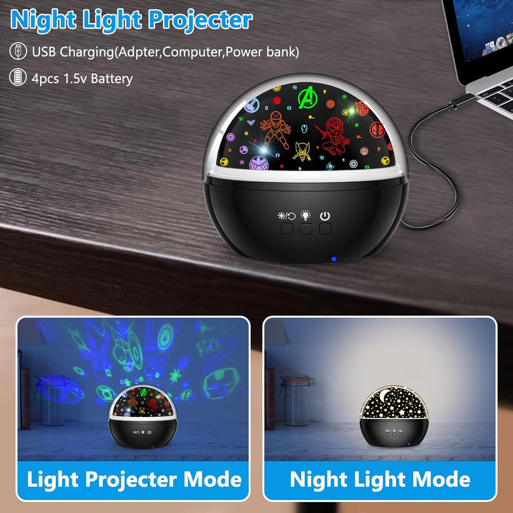 Superhero Night Light Projector for Boy,Kids Night Lights with Spiderman and Star Theme,360 Degree Rotation,15 Mode Color Changing,Birthday Gift Toys