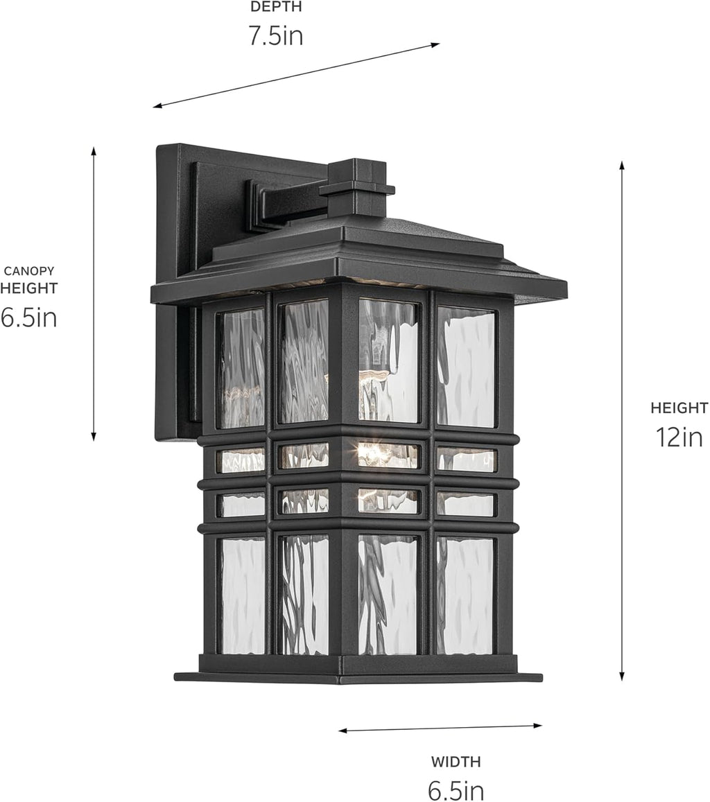 KICHLER Beacon Square 12" 1-Light Outdoor Wall Light with Clear Hammered Glass in Textured Black, for Exterior Doors, Garage, Porch, or Patio (12" x 6.5"), 49829BKT