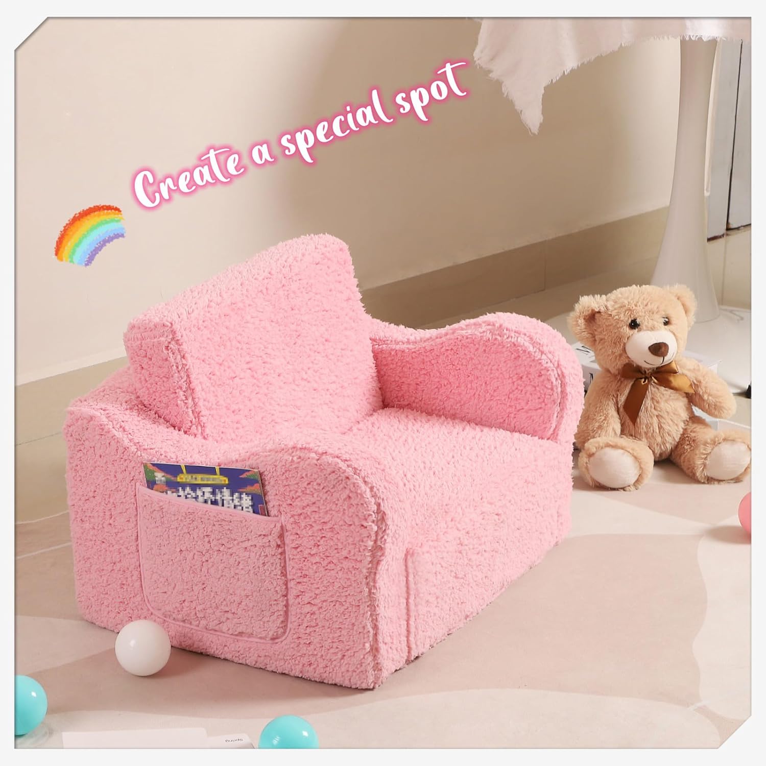 Kids Chairs for Toddler, 2-in-1 Toddler Soft Sherpa Couch Fold Out, Convertible Sofa to Lounger for Girls and Boys, Pink