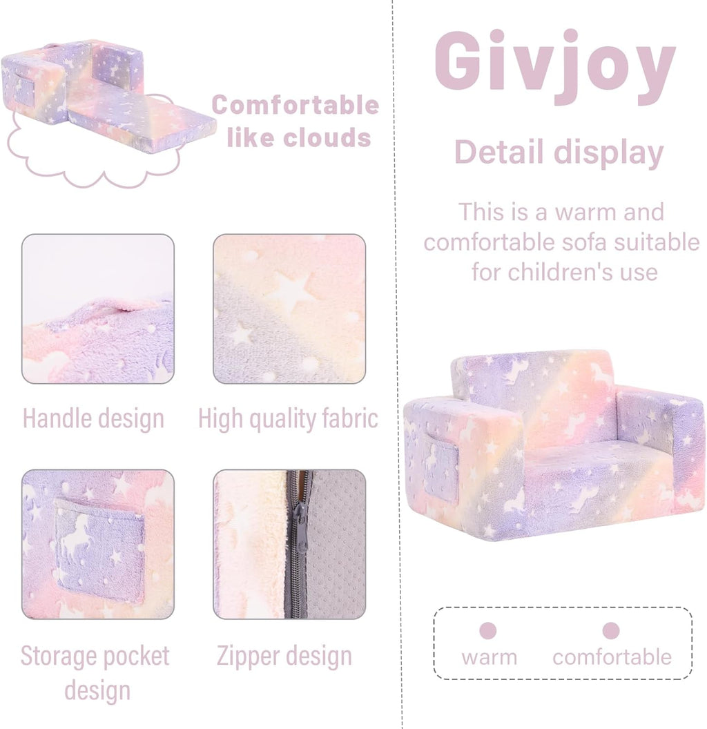 Toddler Chair Kids Couch, 2-in-1 Toddler Soft Sherpa Couch Fold Out Armchair with Removable Cover, Convertible Reading Chair Toddler Sofa for Kids, Glow in The Dark Purple Horse