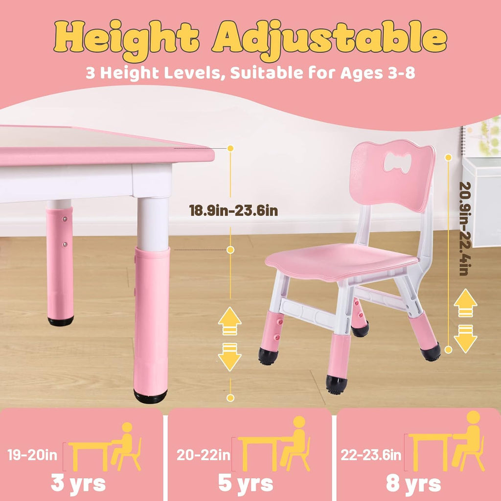 FUNLIO Kids Table and 4 Chairs Set for Ages 3-8, Height Adjustable Toddler Table and Chair Set, Easy to Wipe Arts & Crafts Table, for Classrooms/Daycares/Homes, CPC & CE Approved (5 pcs Set) - Pink