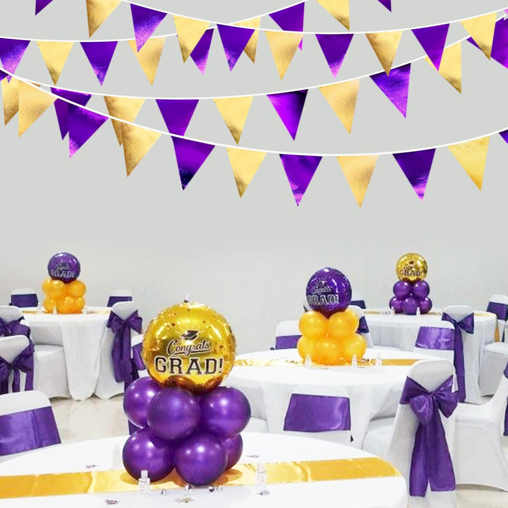 Purple and Gold Party Decorations Metallic Fabric Triangle Pennant Banner Flag Bunting Garland for Graduations Birthday Retirement Wedding Baby Shower Bachelorette Halloween Outdoor Party Supplies