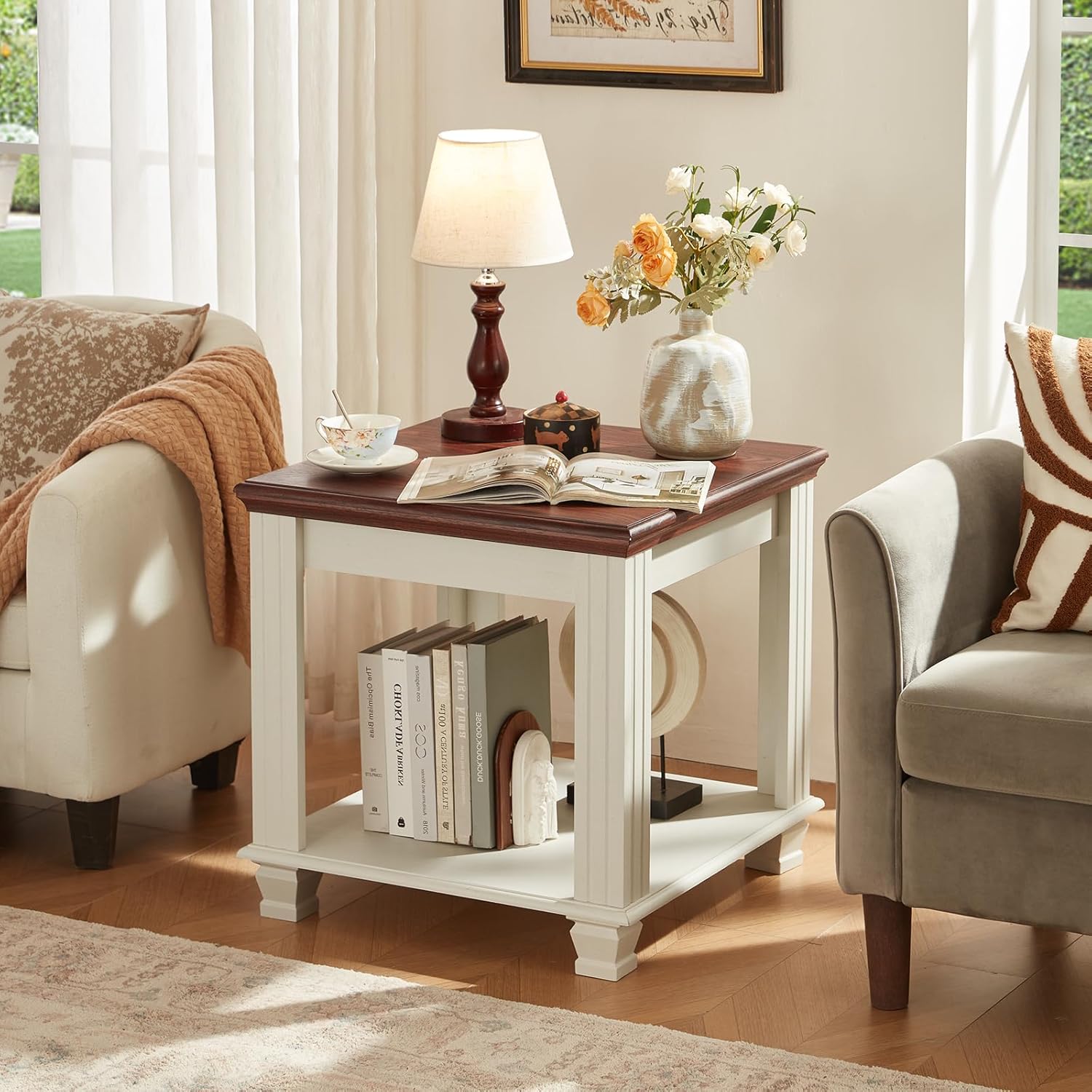 Farmhouse End Table Set of 2,Large Side Table with 2-Tier Storage Shelf,Rustic Wood End Tables for Living Room,Square Tea Table,White