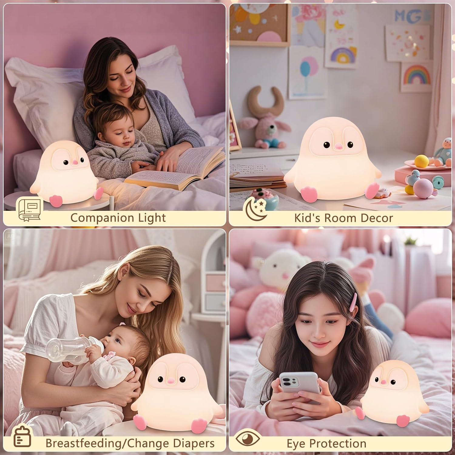 Penguin Night Light for Kids,Cute Pink Penguin Touch Lamp,Soft Silicone Nursery Nightlight,LED Squishy Novelty Animal Bedside Lamp,Rechargeable/Dimmable/Timer Desk Lamp,Kids Room Decor